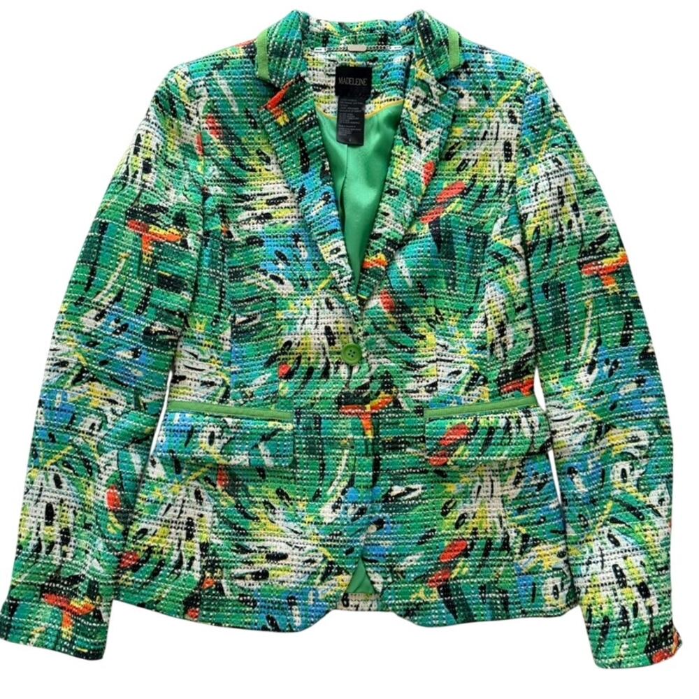 Madeleine Tweed Ladies Blazer Green Floral Multi Size 4 Spring Summer Suiting